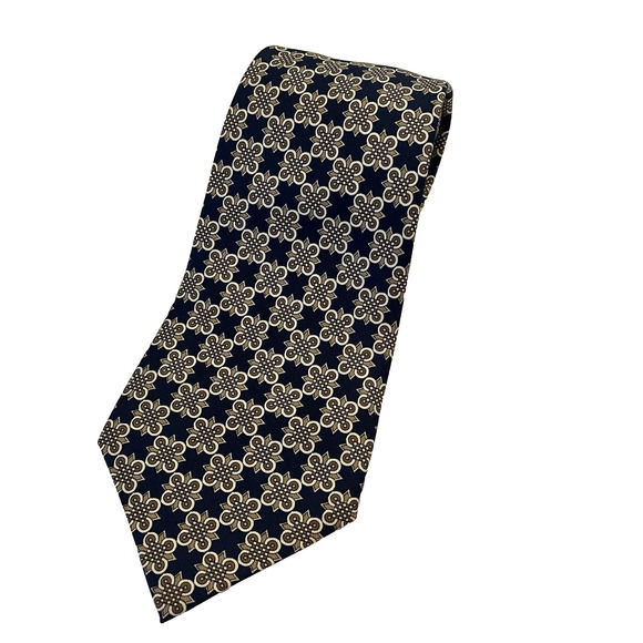 HERMÈS Silk Tie Men's 56.5x3.5" Navy Gold Geometric Foulard France 7642 TA - Picture 4 of 11